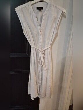 Tahari White Button Down Linen Tie-Waist Midi Shirt Dress - Size Small